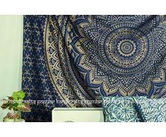 Handicrafts Ombre Tapisserie, indisches Mandala-Wandbild, Hippie-Wandbehang, Bohemian Tagesdecke King 230 x 270 cms / 90 x 108 inches Blau/Gold