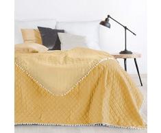 Design91 Tagesdecke Steppdecke Bettüberwurf Doppelseitig Gesteppt Muster mit Bommeln Pompon, Kunststoff, Gelb, 220x240 cm