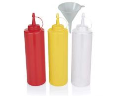 Viva Haushaltswaren - 3 x Quetschflasche 0,7 L Set, Gastro Dosierflaschen leer für Ketchup / Mayonnaise / Senf, BPA frei, BBQ & Küchen Squeeze Flasche aus Kunststoff, rot / gelb / weiß, inkl. Trichter