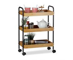 Relaxdays, Natur/schwarz Bambus Rollwagen, 3 Ablagen, natürliche Optik, 360° drehbare Rollen, Stahl, HxBxT: 70x50x28cm, Standard