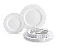Occasions 720 Stück Set / 120 Gast - Extra-Schwergewichts-Weinlese-Hochzeitsfest-Einweg-Kunststoff-Teller und Besteck (Chateau Weiß, Silber Silber)