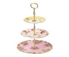 Royal Albert Tortenständer, 100 Jahre, 3-stöckig, Blumenstrauß Golden Rose Blue, Knochenporzellan, Mehrfarbig, 27,5 x 27,5 x 6 cm
