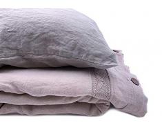 JOWOLLINA Natur Leinen Stonewashed Bettwäsche mit Spitze (200x200 cm, 2 St. 50x70 cm, Grau)