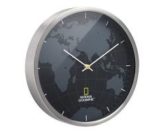 National Geographic geräuschlose Wanduhr (mit übersichtlichem Ziffernblatt, Weltkartenhintergrund und Gehäuse aus gebürstetem Aluminium)