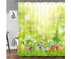 JAWO Ostereier Duschvorhang für Badezimmer, Frühling, Festival, Kaninchen und Ostereier im Gras, Badezimmer-Dekoration, Stoff Duschvorhang-Haken, 177,8 cm