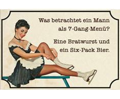 was betrachtet EIN Mann als 7-Gang-Menü? Eine Bratwurst und EIN Six-Pack Bier lustig, spruchschild, blechschild, Retro, Nostalgie