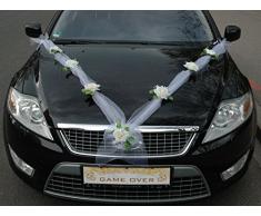 Autoschmuck Organza M Auto Schmuck Braut Paar Rose Deko Dekoration Hochzeit Car Auto Wedding Deko Girlande PKW (Ecru/Weiß)
