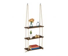 Relaxdays Hängeregal Holz, 3 Ablagen, Seil Regal, Deko, Pflanzen, Wohnzimmer, Küche, Wandregal, HBT: 96x43x15 cm, braun, 1 Stück