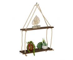 Relaxdays Hängeregal Holz, 2 Ablagen, Seil Regal, Deko, Pflanzen, Wohnzimmer, Küche, Wandregal, HBT: 63x43x13 cm, braun, 1 Stück