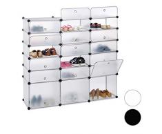 Relaxdays Schuhregal Kunststoff, 18 Fächer mit Türen, DIY Regalsystem, 36 Paar Schuhe, HBT: 125x140x36 cm, transparent, Standard