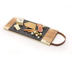 KitchenCraft Artesà Tablett aus Holz mit Lederriemen und abnehmbarer Servierplatte aus Schiefer, 47 x 16 cm, metallisch/braun