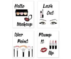 Glam Makeup Fashion Wall Art Poster Bilder Sprüche Home Decor Chic Decorations Prints für Teenager, Mädchen, Frauen, Wohnheim, College, Waschtisch, Salon, Badezimmer, Lippenstift Wimpern Set von 4 Stück 20,3 x 25,4 cm
