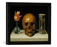 Gerahmtes Bild von Philippe de Champaigne Vanitas, Allegorie der Vergänglichkeit mit Totenkopf und Stundenglas, Kunstdruck im hochwertigen handgefertigten Bilder-Rahmen, 40x30 cm, Schwarz matt