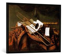 Gerahmtes Bild von Franz Friedrich Franck Stilleben mit Trompete und Flöte, Kunstdruck im hochwertigen handgefertigten Bilder-Rahmen, 100x70 cm, Schwarz matt