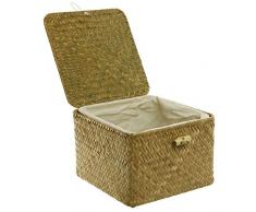 MyGift Aufbewahrungskorb aus Rattan, handgewebt, mit Deckel und herausnehmbarem Stofffutter, Braun