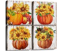 sunfrower Schnee Berg Silhouette Leinwand Wanddekoration für Badezimmer Peeling Farbe Holz Textur Hintergrund Bild Druck Malerei Dekoration 12x12 4Pieces Pumpkin Sonnenblume, 30,5 cm