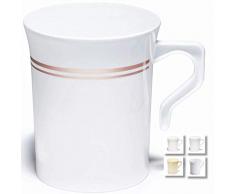 Occasions 40 Pack, Schwergewicht Einweg Hochzeit Kunststoff 8 Unzen Kaffeetassen Silber Trim/Tee-Becher/Cappuccino Cups/Espressotasse mit Henkel (8 oz Tassen, weiß w/Rose Gold Rim)