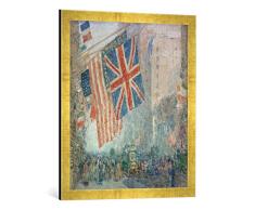 Gerahmtes Bild von Childe Frederick Hassam Union Jack, New York, Aprilmorgen, Kunstdruck im hochwertigen handgefertigten Bilder-Rahmen, 50x70 cm, Gold Raya