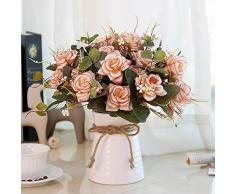 YILIYAJIA Künstliche Rose Blumensträuße mit Keramik Vase Fake Seide Rose Blumen Dekoration für Tisch Home Office Hochzeit Rose