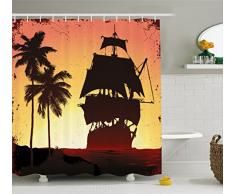 Pirat Vorhang für die Dusche von ambesonne, Buccaneers Schiff, das auf geheimnisvolle Wasser Tropic Palmen Grunge Mist, Stoff Badezimmer Decor Set mit Haken, gelb schwarz Coral, Textil, Multi 1, 69W x 70L