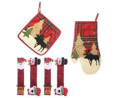LUCKYSTAR Weihnachtsdekorationsset, 6-teilig, rote Küchenset, inkl. Kühlschrank-Türgriff-Abdeckungen, Topflappen, Ofenhandschuh