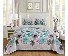 Luxury Home Collection Tagesdecke, gesteppt, wendbar, Blumenmuster Full/Queen Lily Turqoise