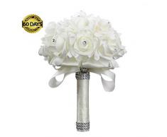 Wedding Bouquets Hochzeitssträuße Rosen Brautjungfer Hochzeit Handstrauß Künstliche Kunstblumen mit Kristallperlen, Seide Künstliche Rosen Blumen für Hochzeit Party und Kirche 18cm*24cm,Creamy-White