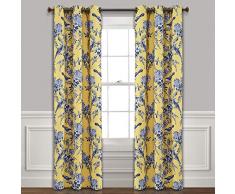Lush Decor Gardine mit Vogel- und Blumen-Motiv, isoliert, Blickdicht, 228 x 96,5 cm, Gelb und Blau, 1 Paar