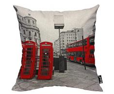 Mugod London City Kissenbezug, Doppeldecker-Bus, rote Telefonboxen, Schwarz und Weiß, Kissenbezug aus Baumwollleinen, für den Innenbereich, 45,7 x 45,7 cm, quadratisch, für Büro, Sofa, Couch