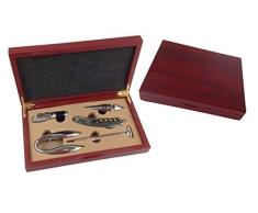 Weinzubehör Weinset 6 tlg. Geschenkset mit Kellnermesser Korkenzieher Folienschneider Flaschenverschluss Weinthermometer Ausgießer in edler dunkelroter Holz Geschenkbox Wein Set Wein Zubehör Set LN 16 - 3