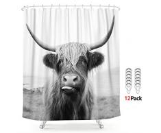 LIGHTINHOME Bull Duschvorhang Hochland Kuh, Tiere, Wildtiere, 12 Stück Metallhaken, lustige süße Skizze Milch Wasserdichter Stoff, Moderne Mode Polyester Badezimmerdekor-Set 182,9 x 182,9 cm