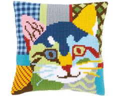 Vervaco Kreuzstichkissen Katze, Patchwork Stil, Stickbild vorgezeichnet Kreuzstichpackung Kissen, vorbezeichnet, Baumwolle, Mehrfarbig, 40 x 40 x 0,3 cm