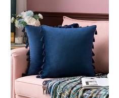 MIULEE Kissenhülle für Sofas, Bett, Samt, weich, dekorativ, mit Quasten, Fransen, Boho, 2 Stück 18x18 Marineblau