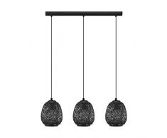 EGLO Pendelleuchte Dembleby 1, 3 flammige Hängelampe Vintage, Natur, Hygge, Hängeleuchte Holz Korb geflochten, Esstischlampe, Wohnzimmerlampe hängend in Schwarz, Stahl, E27 Fassung