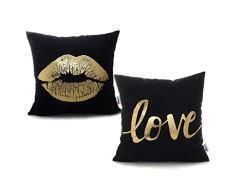 Monkeysell Bronzing Gold Kissen Biber Home Kissenbezug Überwurf Kissen Taille Lendenkissen Lippen Love Puzzles Ananas Muster Design Modern Square 18 Inches 2pcs-Black