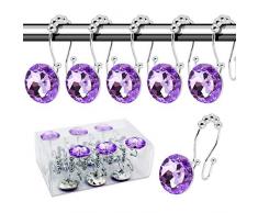 BEAVO Dekorative Duschvorhang-Haken, 12 Stück Doppelgleiter-Duschringe Edelstahl rostfrei Duschhaken Ring mit Acryl-Strasssteinen für Badezimmer Duschstangen Crystal Hooks violett