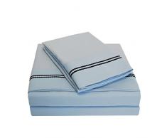 Superior Super Weich, leicht Gewicht knitterfrei-Bettlaken-Set mit Weiß 2-zeiliges Stickerei in Geschenk-Box, 100% gebürstete Mikrofaser, hellblau/Navy blau, King, 6-TLG.