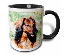 3dRose Longhair Dachshund-Two Ton, schwarz, Becher, Keramik, Schwarz/Weiß, 10.16 cm x 7,62 x-Uhr