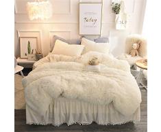 MooWoo Plüsch Zottel-Bettwäsche-Set, 1 Samt Flanell Bettbezug + 1 Gesteppte Rüschen Bettlaken Rock + 2 Pompoms Fransen Kissenbezug mit Reißverschluss, 4 Stück Queen beige