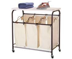 ollieroo Classic Rolling Wäschesortierer Warenkorb Heavy Duty 3 Staubbeutel Wäschesammler Sortierer mit Bügelbrett (beige)