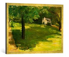 Gerahmtes Bild von Max Liebermann Gartenbank unter dem Kastanienbaum im Wannseegarten, Kunstdruck im hochwertigen handgefertigten Bilder-Rahmen, 80x60 cm, Gold Raya