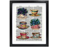 Susie Arts 8 x 10 ungerahmt Vintage Tee Tasse mit Blumen aus recycelten Vintage Wörterbuch Kunstdruck Buch Art Print Home Decor Funny Prints Art Wand V096