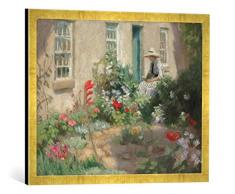 Gerahmtes Bild von Harold Harvey Lesende Frau im Garten, Kunstdruck im hochwertigen handgefertigten Bilder-Rahmen, 70x50 cm, Gold Raya