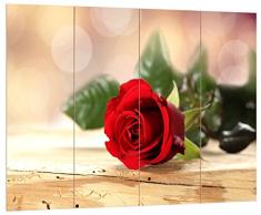 Pixxprint HBVs_2062_80x60 prächtige rote Rose auf Holztisch MDF-Holzbild im Bretterlook Wanddekoration, bunt, 80 x 60 x 2 cm