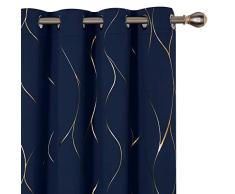 Deconovo Verdunklungsvorhänge Wellen Foliendruck Muster Raumverdunklung Vorhang Thermoisoliert Fenster Energiespar Drapes Set von 2 Panels 52Wx45L Inch Navy Blue/Gold Print