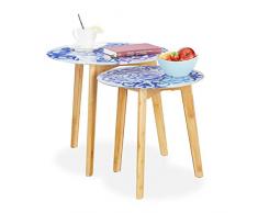 Relaxdays 2er Set Beistelltisch, Bambus Beine, Glas Tischplatte, Satztische, florales Muster, 40 & 50 cm Ø, weiß/blau, 45 x 50 x 50 cm