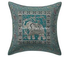 Stylo Culture Indische Dekorative Kissenbezüge Seegrün Brokat Jacquard Paisley Dekokissen Kissenbezug Brokat Traditionelle 40x40 cm Elefant Quadrat Kissenbezüge (1 Stück)