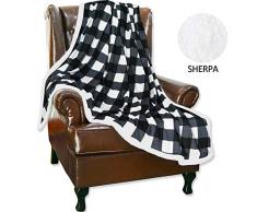 Hughapy Decke aus Flanell und Sherpa-Karo für Bett Sofa Couch Erwachsene Kinder 50 x 63 Inches kariert schwarz/weiß