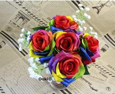 Ooki Handgefertigte Kunstseide Regenbogen-Rosen-Werfstrauß Brautjungfer Blumenstrauß Blumenstrauß Blumengesteck Heimdeko Hochzeit Party Feier Tafelaufsatz Schnur