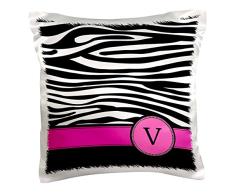 3dRose PC 154293 _ 1 Buchstabe V Monogramm schwarz und weiß Zebra Streifen Animal Print mit Hot Pink Personalisierte Initiale Kissen Fall, 40,6 x 40,6 cm